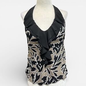 Aqua Green Black and Taupe Floral Print Halter Tankini Top L